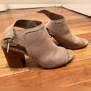Suede peep toe booties with block heel